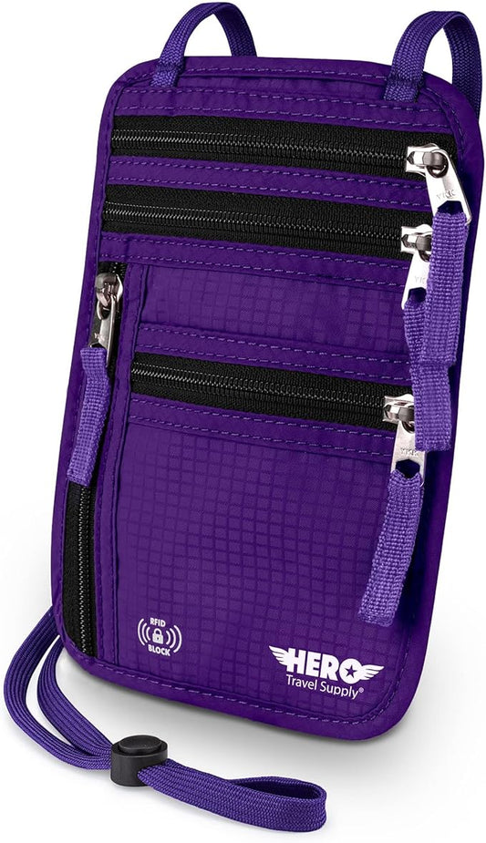 HERO Neck Wallet - RFID Blocking Passport Holder, Easy to Conceal and Pouch (Purple)