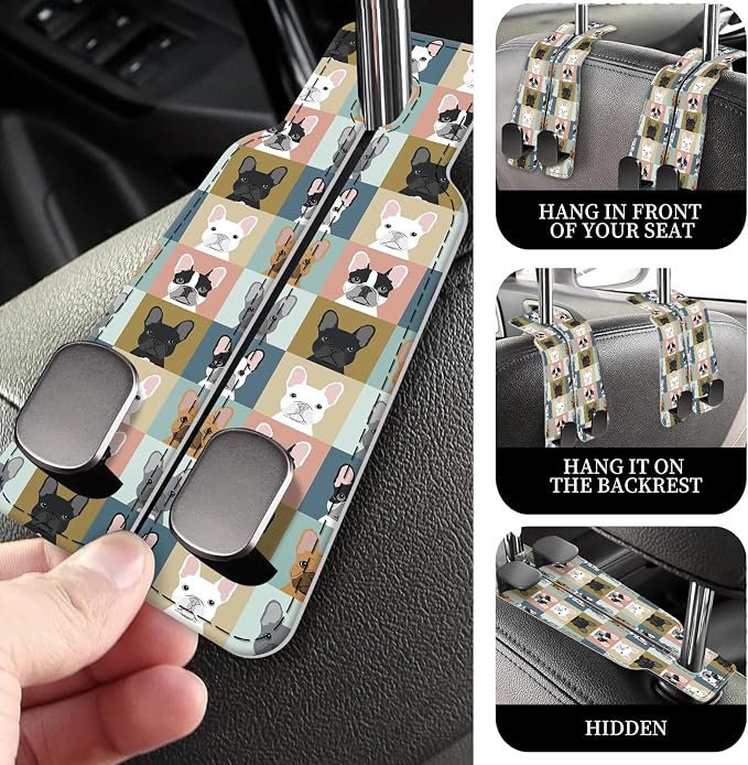 PU Leather Car Seat Hook, Storage Headrest Hanger, Cute Car Backseat Organizer, Car Hooks for Purses and Bags Dog Faces