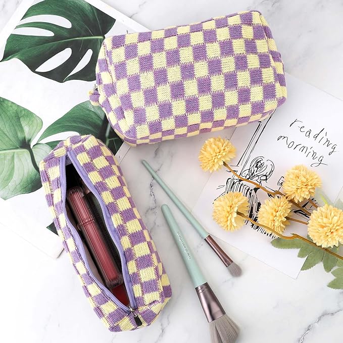 3 Pcs Makeup Bag Checkered Cosmetic Bag Large Capacity Traveling Toiletry Pounch Organizer Cute Makeup Brushes Aesthetic Accessories Storage Bag for Girls Women (Purple-White)