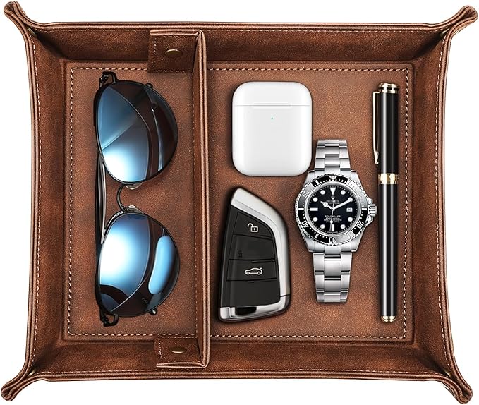 SITHON Valet Tray Desktop Storage Organizer, Removable 2 Compartments Catchall Tray Bedside Vanity Nightstand Caddy Holder Desk Storage Plate, Valentine's Day Gift, Brown