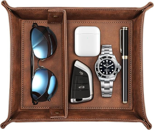 SITHON Valet Tray Desktop Storage Organizer, Removable 2 Compartments Catchall Tray Bedside Vanity Nightstand Caddy Holder Desk Storage Plate, Valentine's Day Gift, Brown