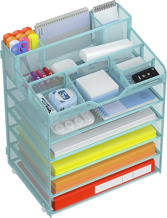 Docnest 6 Tier Mesh Desk Organizer for Paper Office Supplies – Multi-Functional Letter Tray with 5 Adjustable Compartments, 7 Pen Holders, Desktop Storage for Files, Mail, Stationery – Blue