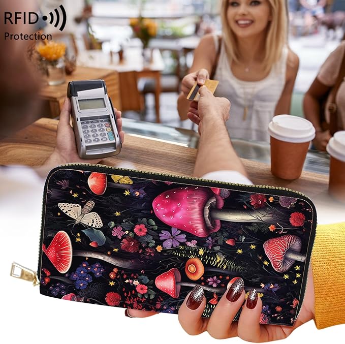 Womens Wallet,RFID Blocking Large Capacity Clutch,Zip Around Leather Purse with 8 Card Slots,Bill Compartments Coin Pocket - Flower Mushroom