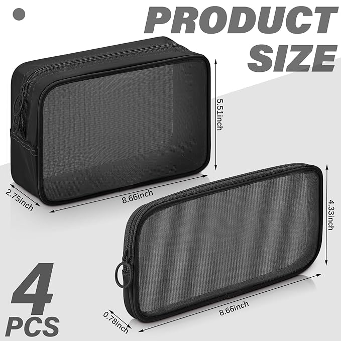 Weewooday 4 Pcs Mesh Makeup Bag Mesh Cosmetic Bag Toiletry Pouch with Zipper Mini Makeup Cosmetic Purse for Daily Accessory (Large,Medium,Black)