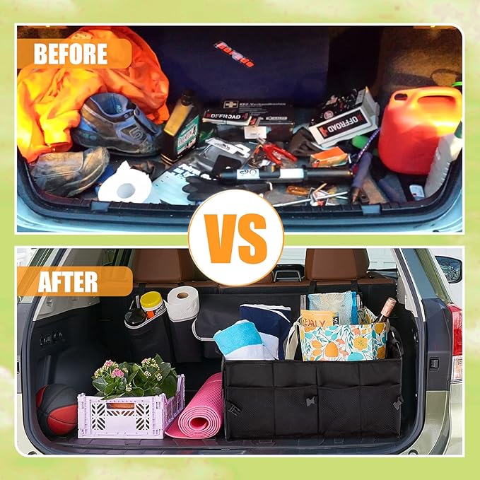 50L Car Trunk Organizers with Handle - Oxford Car Storage Box, Multi Compartment Foldable Trunk Organizer for SUV, Auto, Truck, Black