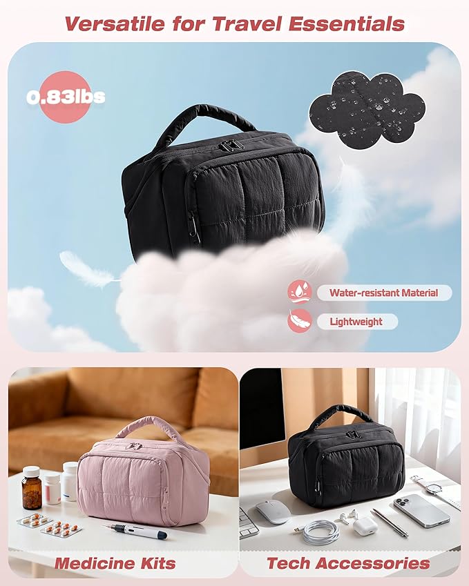 Marscamd Travel Makeup Bag for Women, Toiletry Organizer with Waterproof Pockets, Puffy Cosmetics Pouch for Makeup Brushes, Skincare & Travel Essentials, Black (Bag only)