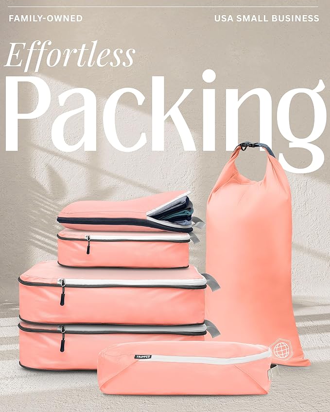 Compression Packing Cubes for Travel, 6-Piece Lightweight Packing Cubes Set for Carry-On Luggage & Backpacks – TRIPPED Travel Gear (Coral Bloom)
