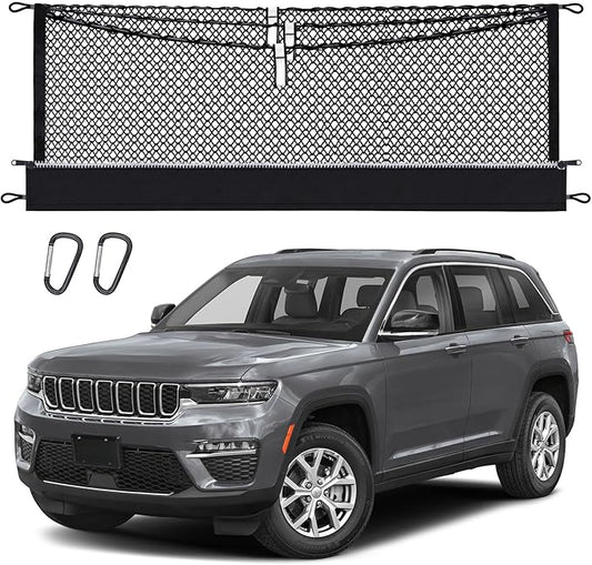 3-Layer Cargo Net for Jeep Grand Cherokee (2Row) 2022-2026, Zipper Bag Trunk Net for SUV, Heavy Duty Oxford Cargo Organizer Storage Nets with Carabiners