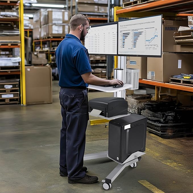 AW 32" Mobile PC Stand Workstation, Height Adjustable Dual Monitor Mount, Rolling Computer Cart on Wheels, Silver