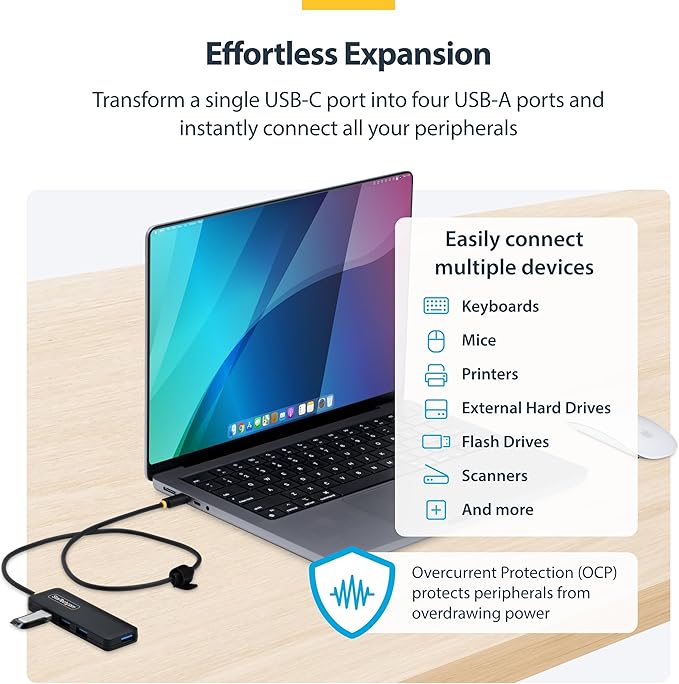 StarTech USB-C 4-Port Hub, SuperSpeed 5Gbps, 4 × USB-A Adapter, Bus-Powered Portable Hub with Extra Long 2 ft Cable, Plug-and-Play for MacBook, Dell, Chromebook, PC & Peripheral Devices