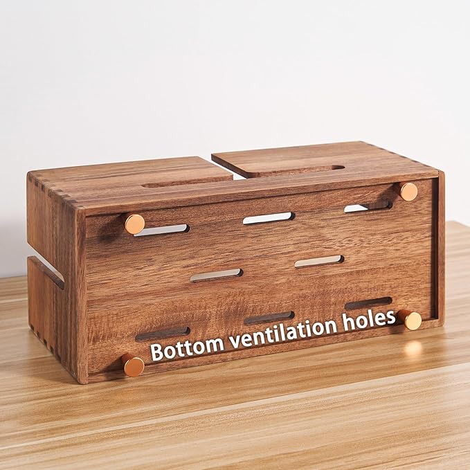 SARUFO Acacia Wood Cable Management Box - Wooden Cord Hider with 4 Metal Feet, Organizer for Desk & Floor, Power Strip TV Wire Concealer, Under Desk Storage for Office, Home Electrical Cables