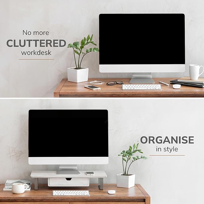 Anji Mountain Monitor Stand - Desktop Organizer & Laptop Riser, Ergonomic Monitor Riser, Space-Saving Monitor Stand for Desk, Durable Construction, Easy Assembly, Ideal for Home & Office,White Wash