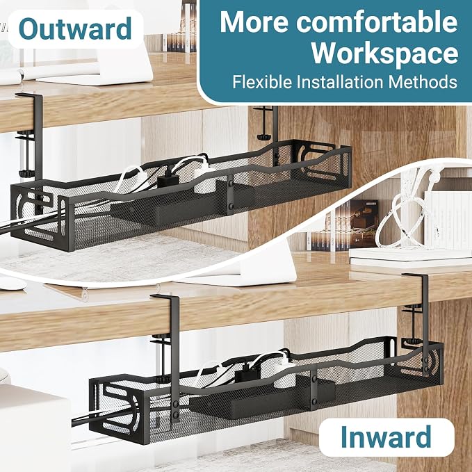 No Drill Under Desk Cable Management Tray, SONATURE 25.3" Cord Organizer for Table, Clamp Mount Desk Cable Management, Premium Carbon Steel Cable Organizer for Office, Home (Black)