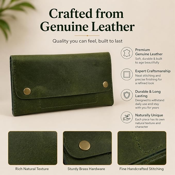 Leather Currency Pouch - Handmade Cash Organizer with Double Button Closure & Zipper Pocket, Compact Money Holder for Travel & Everyday Use, 4 x 8 Inch (Green)