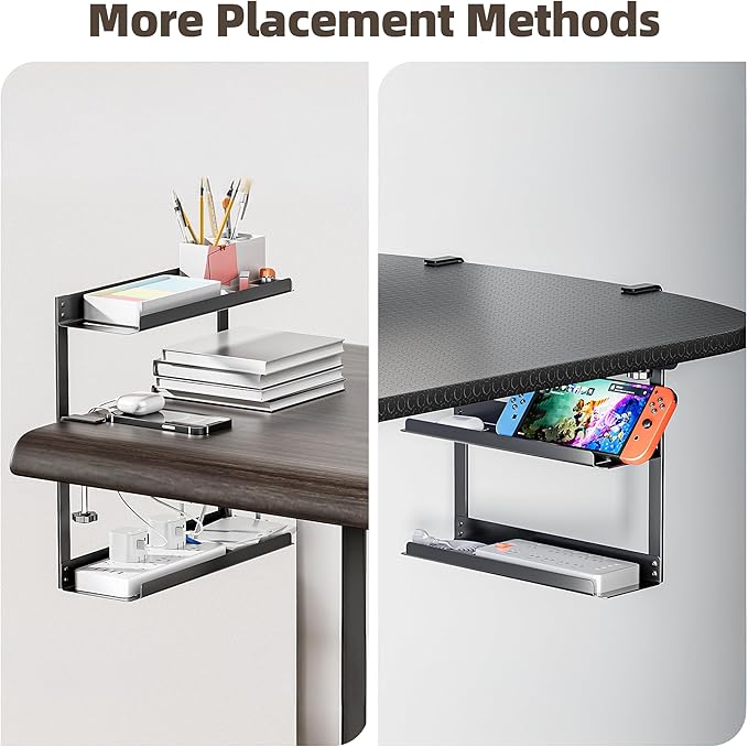 Delamu 2-Tier Clamp On Desk Shelf, 14.2in Desktop Shelves Organizer, Small Desk Organizer with Cord Hider, Table Extender Attachment Shelves for Workspace & Gaming Accessories, Black