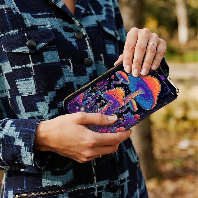 Women's RFID Blocking Zip Around Wallet with Detachable Wrist Strap, Large Capacity Credit Card Holder Organizer for Everyday Use,Magic Mushrooms