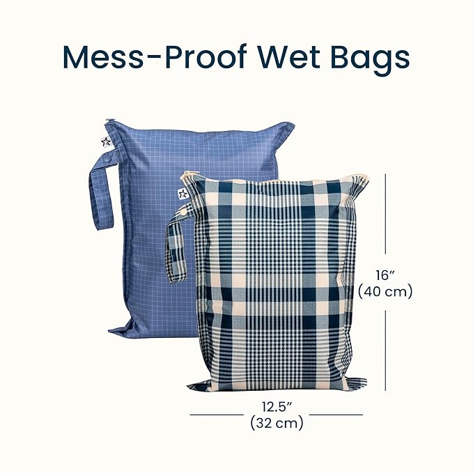 Tiny Twinkle Mess Proof Wet Bags | 2-Pack Reusable Waterproof Wet Bags for Swimsuits | Baby Clothes | Travel & Diaper Bag (Gingham,Grid)
