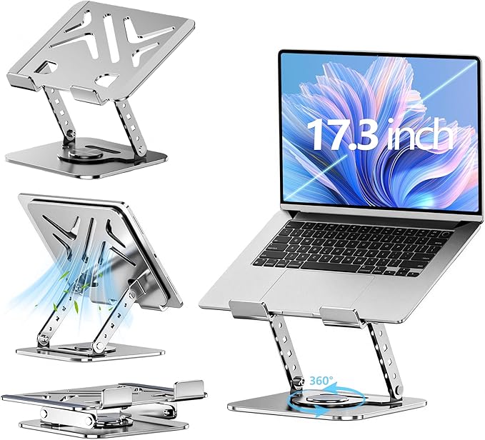 Laptop Stand for Desk, 360° Rotating Adjustable Metal Foldable Laptop Riser with Minimalist Football Vent Pattern, Ergonomic Computer Notebook Holder for MacBook, Dell, HP 10-17.3", Silver