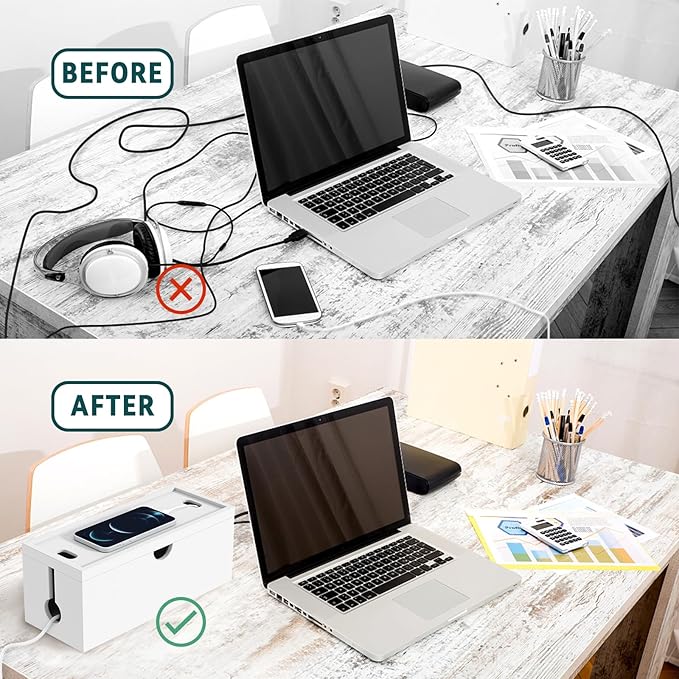 Bamboo Cable Management Box, Large Cord Organizer Box Cable Box to Hide Wires & Power Strips for Desktop Storage Cord Holder for Office Home,No Assembley Required (All White, 1Medium)