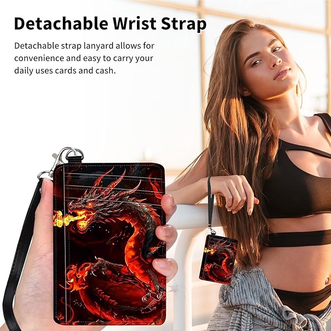 Slim Minimalist Front Pocket Wallet,Credit Card Holder Wallet for Women Men,RFID Blocking Credit Card Holder Case Leather Cute Small Thin Wallet ID Window&Wrist Strap,Fire Red Dragon