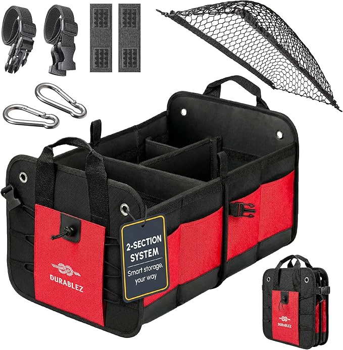 2-Section Foldable Trunk Organizer – Compact Car Storage for Groceries, Kids Items, Travel Gear – Dual-Compartment Cargo Bin with Cover Net – Red