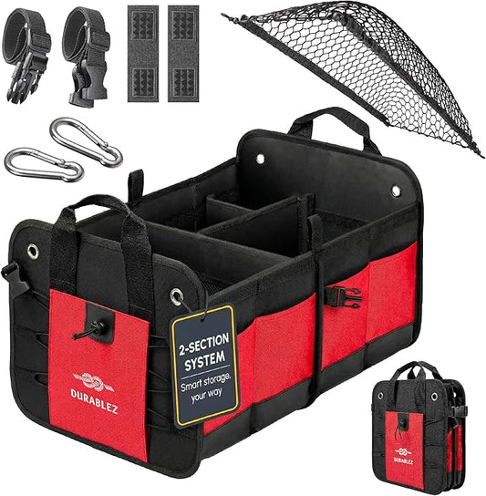 2-Section Foldable Trunk Organizer – Compact Car Storage for Groceries, Kids Items, Travel Gear – Dual-Compartment Cargo Bin with Cover Net – Red