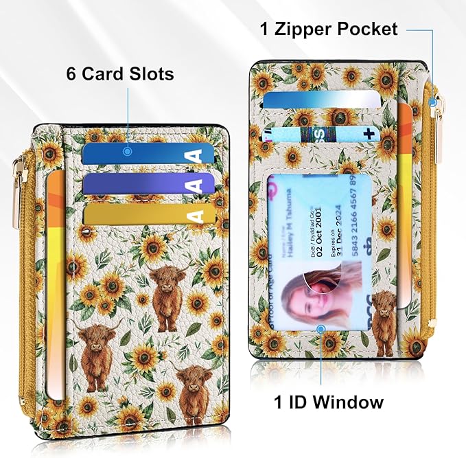 Tipmile Credit Card Holder for Women Slim Minimalist Front Pocket RFID Blocking Wallet Small Compact Card Case with ID Window, Highland Cow
