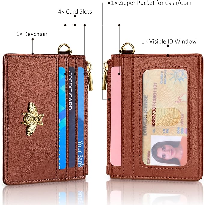 SEAVILIA Card Holder Keychain Wallet for Women with ID Window RFID Coin Purse Bee Gifts Slim Minimalist Small Wallet