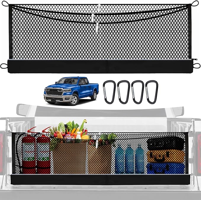 3-Layer Cargo Net for Dodge RAM1500 2019-2026, Zoned Storage Truck Bed Net with Foldable Zippered Bottom Bag, Heavy-Duty Cargo Organizer Netting for Camping, Trips & Everyday Use