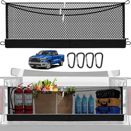 3-Layer Cargo Net for Dodge RAM1500 2019-2026, Zoned Storage Truck Bed Net with Foldable Zippered Bottom Bag, Heavy-Duty Cargo Organizer Netting for Camping, Trips & Everyday Use