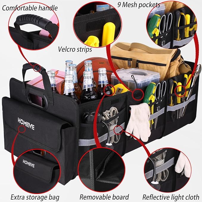 Homeve Trunk Organizer, Car Storage, Reinforced Handles, Collapsible Multi-Compartment, Foldable, Waterproof, Sturdy, 600D Oxford Polyester For Car, SUV, Mini-Van, Black, 3 Compart