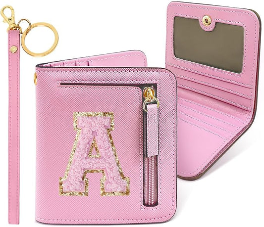 COSHAYSOO Graduation Birthday Gifts Initial Wallet for Teen Girls 10 11 12 13 14 15 16 Year Old Small RFID Bifold Wallet Purse Monogram Tween Girly Trendy Stuff Chenille Letter A Pink