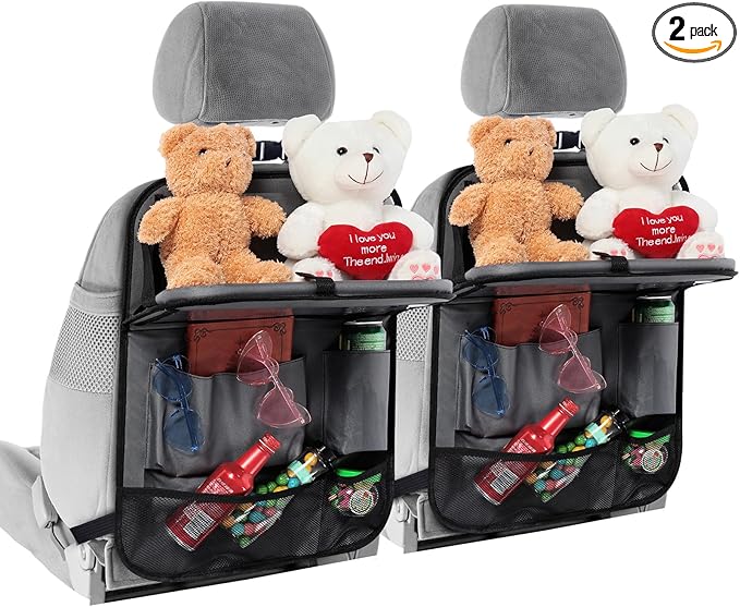 2 Pcs Backseat Car Organizers with Table Tray, 6 Storage Pockets Car Organizer with Tablet Holder, Kick Mats Protectors for Kids Travel Accessories Black, Unisex(Classic,Grey)