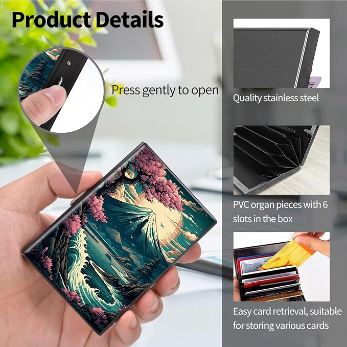 Metal Wallet, Credit Card Holder for Women Men Girls, RFID Blocking Aluminum Wallet Slim Hard Case, Mini Travel Wallet, ID Card Holder Business Card Case,Japanese Cherry Blossom