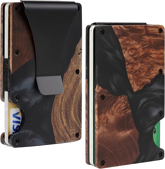 Slim Wallet for Men,RFID Blocking Minimalist Metal Wallet, Money Clip/Cash Holder, Front Pocket Aluminum Credit Card Holder, Ideal Gift for Men,Resin Black Wood
