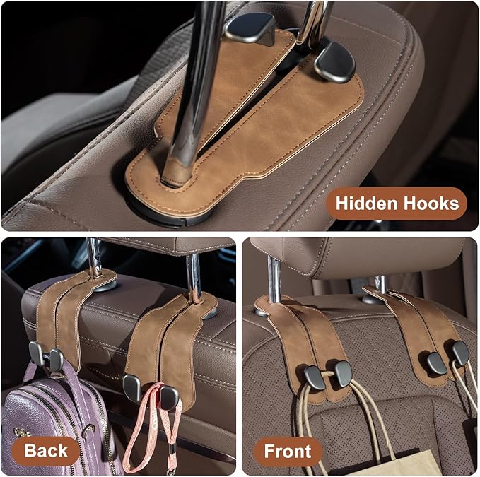 CoBak Purse Hook for Car - Universal Premium Stitched Leather and Aluminum-Magnesium Alloy Double Car Seat Back Storage Hook for Purses, Handbags, Bags (4 Pack),Brown