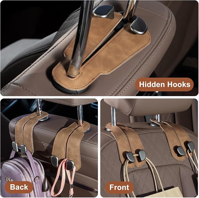 CoBak Purse Hook for Car - Universal Premium Stitched Leather and Aluminum-Magnesium Alloy Double Car Seat Back Storage Hook for Purses, Handbags, Bags (2 Pack),Brown