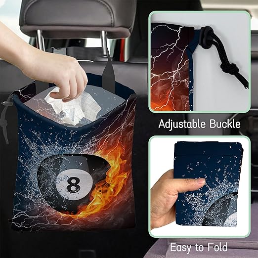 Billiards Ball Car Garbage Bag,Waterproof Small Car Trash Bag Hanging Back of Seat,Drawstring Hanging Car Trash Bag with Adjustable Buckle for Car Accessories