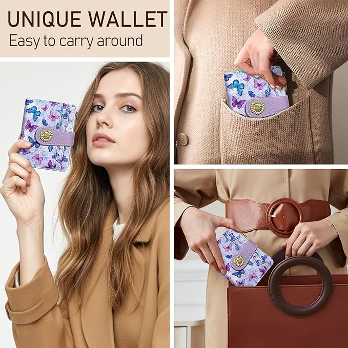 Kelvoris Small Rfid Butterfly Women Wallet Bifold Zipper Coin Pocket PU Leather Compact Cash Credit Card Holder Travel Wallet for Female Ladies Teen Girls 1 ID Window 10 Card Slots
