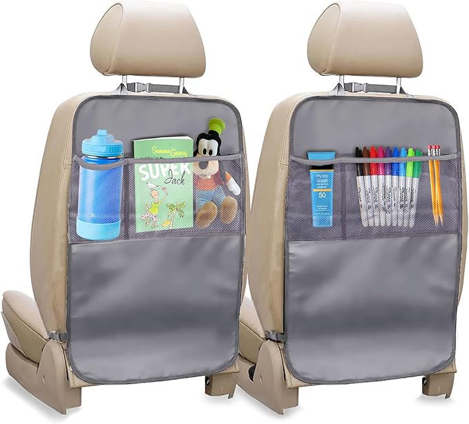 EcoNour 2-Pack Back of Seat Protector for Kids Feet | Grey Oxford Fabric Car Kick Mats with 2 Pocket Organizer | Seat Protector for Vehicles from Dirt, Mud & Scratches | Car Accessories