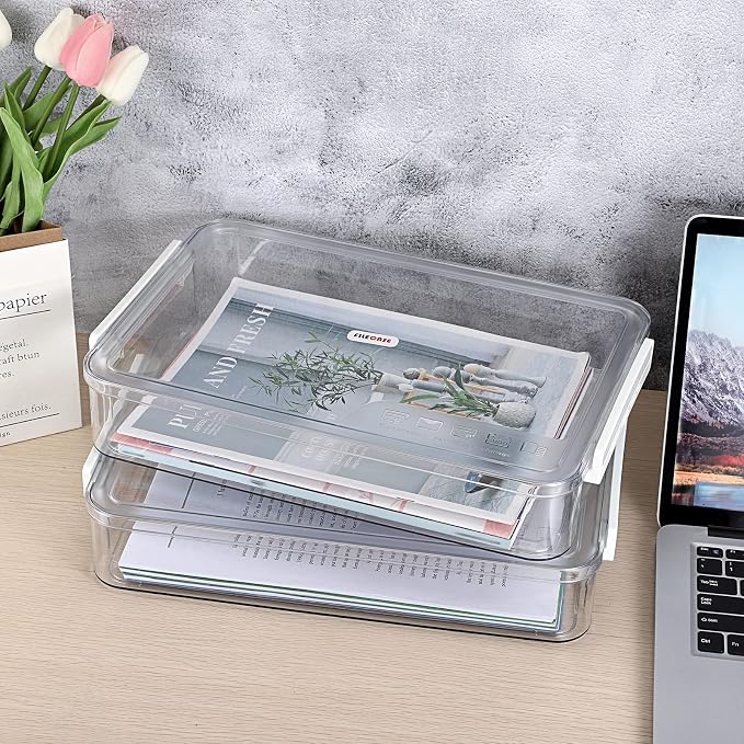 BTSKY 2 Pack Plastic Storage Containers with Lids, Portable Project Case Document Organizer Stackable Plastic File Storage Box for A4 File Paper Documents Scrapbook Art Supplies&Crafts(Big, White)