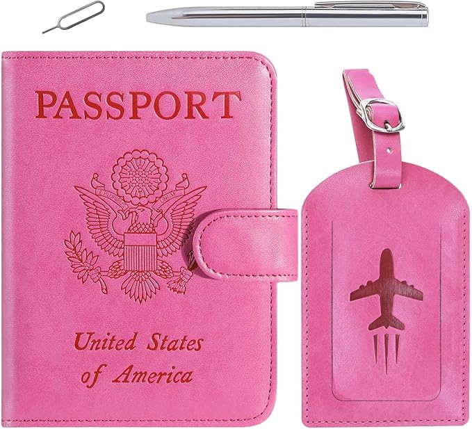 Passport Holder With Luggage Tag Cover Wallet RFID Blocking Leather Case Travel Essentials Accessories Travel Must Have(114#Pink)