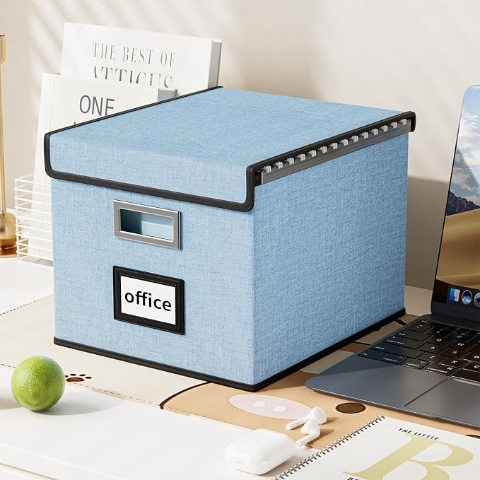 File Organizer Box with Lid, Collapsible File Folder Organizer for Office Document Storage, Filing Box with Plastic Slide for Letter Size Hanging File Folders(1 Pack, Powderblue)