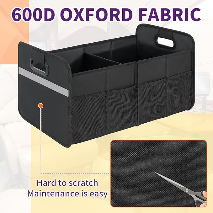 BQKOZFIN Large Capacity Sturdy Trunk Storage Organizer, Water Resistant Collapsible Organization Container, Multi-Compartment Car or SUV Accessories, Black