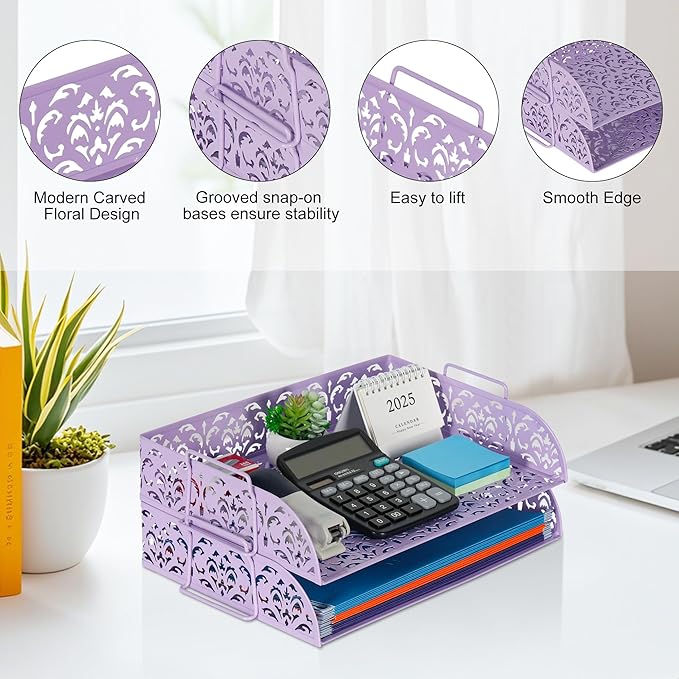 EasyPAG Paper Organizer for Desk 2 Tier Stackable Paper Tray for A4 Legal Size Folders Metal File Storage Desktop Organizer for Home Office School Teacher, Purple