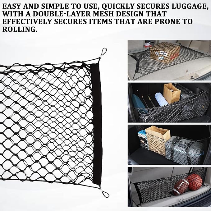 Car Cargo Nets Trunk Organizer, Adjustable Elastic Storage Mesh Double Layer with Hooks, Rear Cargo Net Accessories for Cars Trucks SUVs, Stretchable Heavy Duty Vehicle Organizer 35.4 x 15.7 Inch