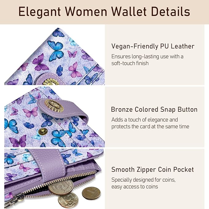 Kelvoris Small Rfid Butterfly Women Wallet Bifold Zipper Coin Pocket PU Leather Compact Cash Credit Card Holder Travel Wallet for Female Ladies Teen Girls 1 ID Window 10 Card Slots