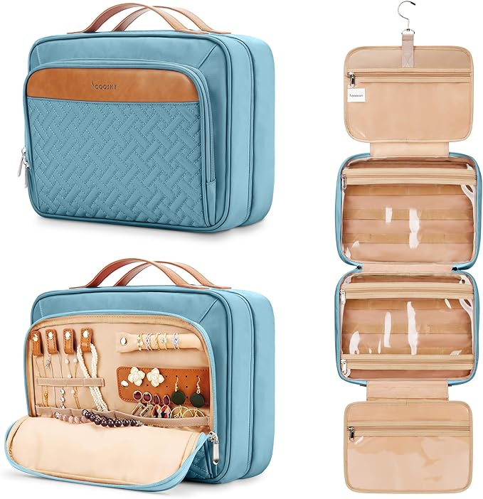 COOSKY Travel Hanging Toiletry Bag for Women, Cruise Ship Essentials, with Jewelry Organizer, Extra Large Makeup Dopp Kit, Waterproof Cosmetic Bags, Toiletries Kit Set with Trolley Belt, Sky Blue