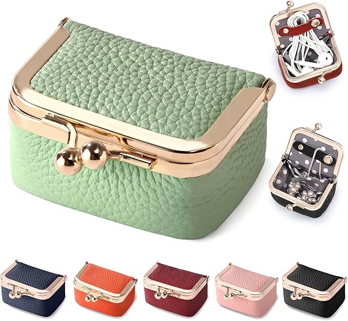 Zivyes Mini Jewelry Box Travel Small Coin Purse Organizer Case Genuine Leather Tiny Size (Green)