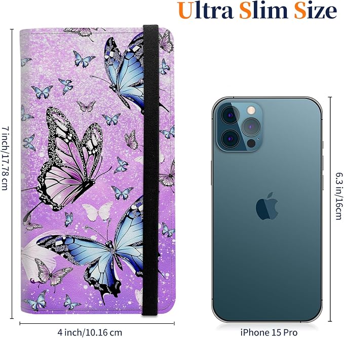 Premium PU Leather Checkbook Cover for Men & Women,RFID Blocking Slim Check Book Holder with Duplicate Check Divider & Pen Holder,Fits Standard Personal Checks,Butterflies Purple